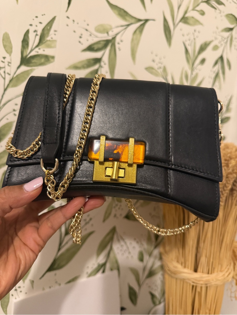 42 GOLD Black Leather Crossbody with Amber Accent and Gold Chain